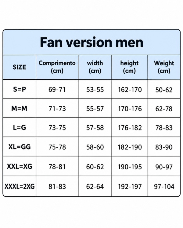 Size Chart England Jersey
